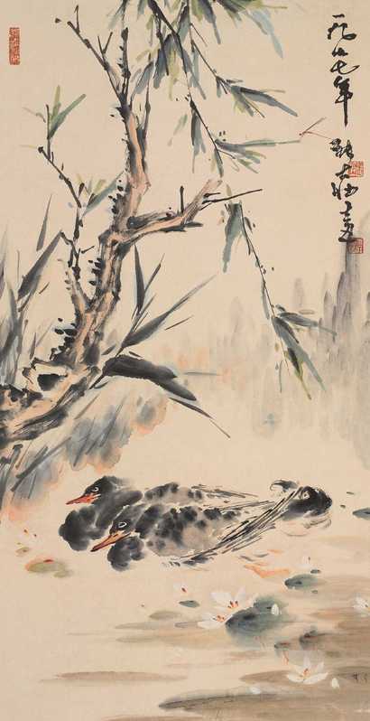 张大壮 河塘双雁 立轴